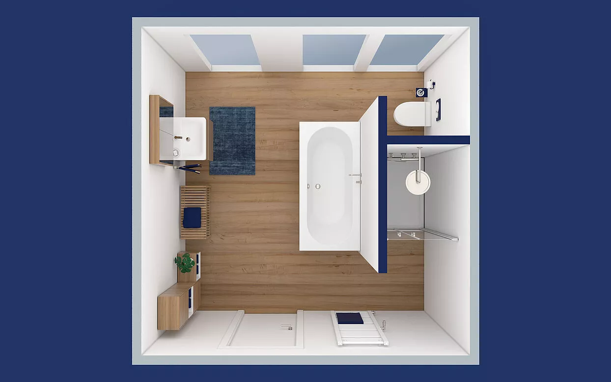 T-Lösung verleiht Duschbereich, WC und Badewanne eigene Zonen